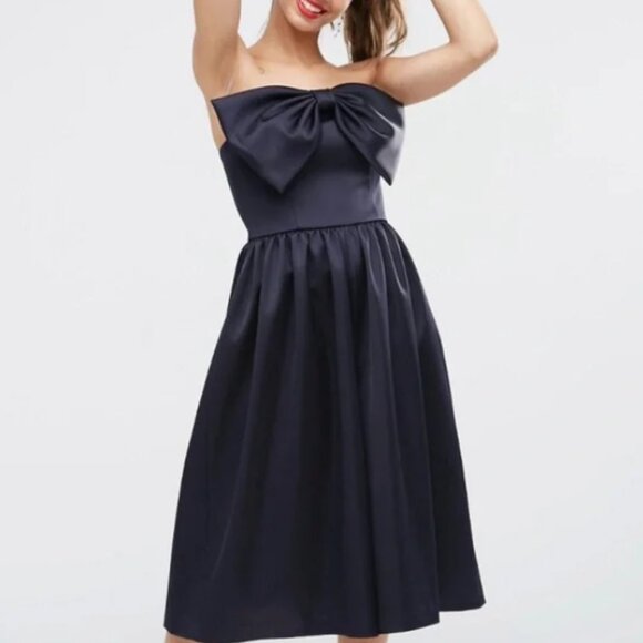 ASOS Satin Bow Romper Strapless Formal Jumpsuit Dress Cocktail Navy Blue Size 6 - Picture 1 of 10